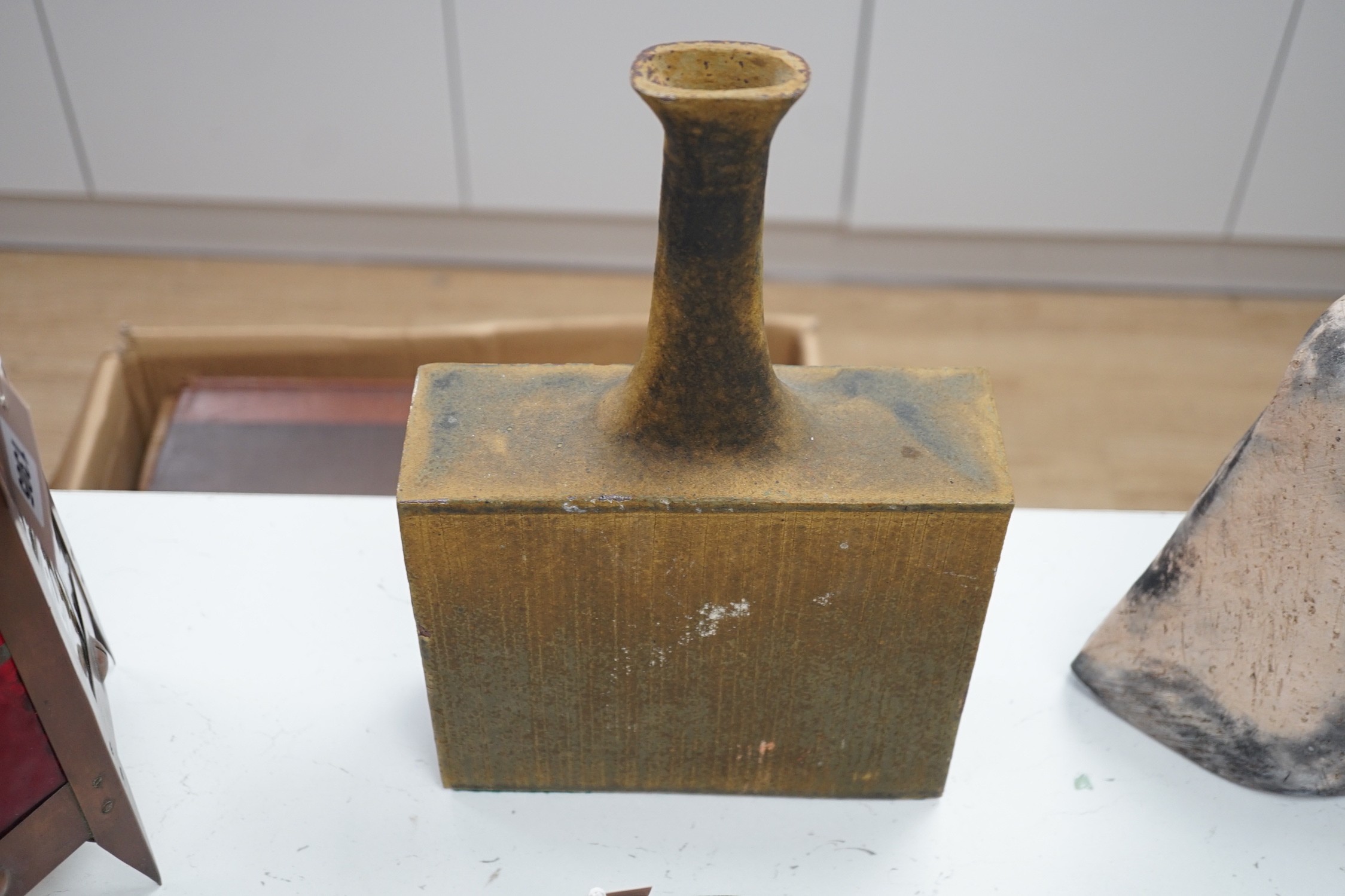 Two contemporary stoneware sculptures and a bottle vase, 35cm